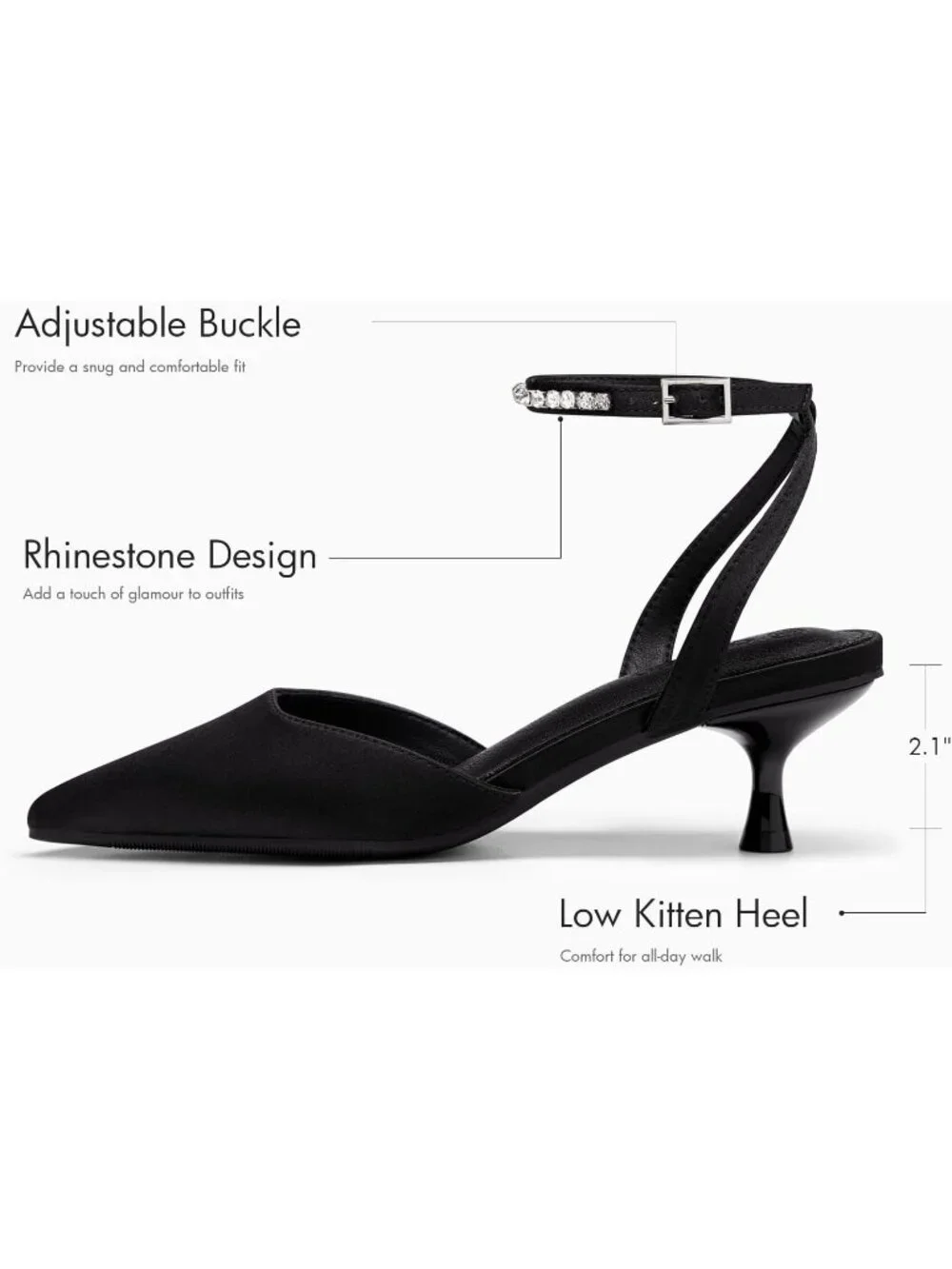 Women's Black Low Kitten Heels Closed Pointed Toe Pumps Rhinestone Ankle Strap